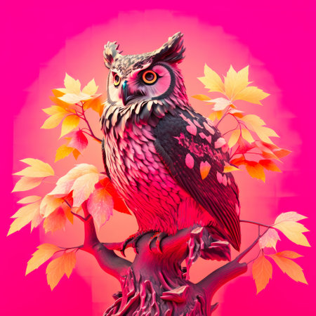 Psychedelic Owl Bird Sitting on Maple Tree on Pink Background, AI Generativeの素材