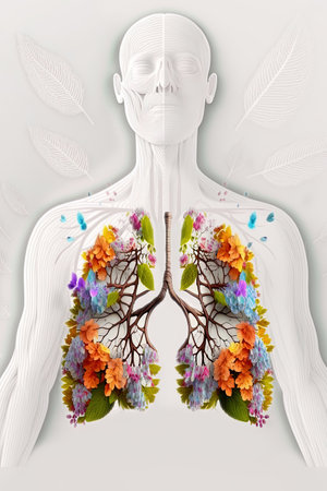 Lungs made of leaves and flowers, green lung, healthy respiratory system, anatomical human silhouette, composite illustration made from AI generative elementsの素材