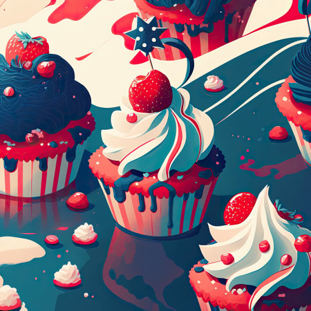 Tasty cupcakes in blue, white and red colors of American flag, AI generative illustration. Independence day, July 4 sweet snacks.の素材