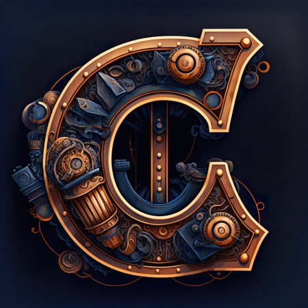 Capital letter C, steampunk alphabet in bronze metal and navy blue colors, AI generative.の素材