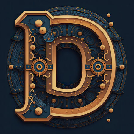 Capital letter D, steampunk alphabet in bronze metal and navy blue colors, AI generative.の素材