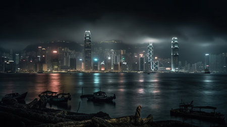 Imaginary view of Hong Kong Island from across Victoria Harbour , AI generativeの素材