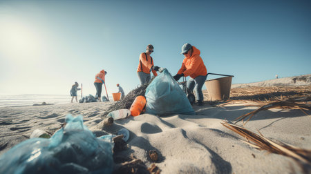 People in protective suits and masks collecting rubbish on a sandy beach, highlighting the need for environmental protection. AI generative.の素材