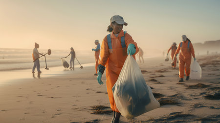 People in protective suits and masks collecting rubbish on a sandy beach, highlighting the need for environmental protection. AI generative.の素材