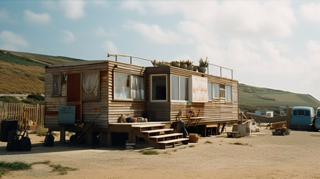 Tiny houses made out of used shipping containers with wooden external cladding, glamping, glamorous camping, AI generativeの素材