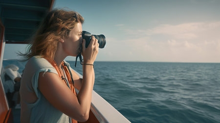 Young woman tourist, traveller on a ship in open sea taking picture with her camera, AI generativeの素材