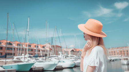 Young Caucasian woman in summer hat enjoying a leisurely stroll by marina with moored yachts. AI Generativeの素材