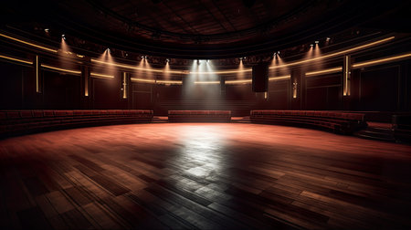 Empty theater stage, large spacious open plan interior with various lights with glowing lights, AI generativeの写真素材