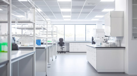 Scientific laboratory interior, research facilty, with white shelves and benches, modern design, AI generativeの素材