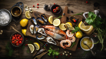 Traditional italian sea food on rustic wooden table, top view, flat lay, overhead AI generative shotの素材