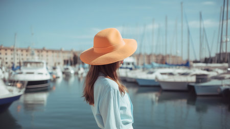 Young Caucasian woman in summer hat enjoying a leisurely stroll by marina with moored yachts. AI Generativeの素材
