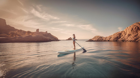 A young woman is enjoying the quiet sea and beautiful sunset while standing on a stand-up paddle board. She is surrounded by calm, glassy waters and warm glow of the setting sun, AI generative.の素材