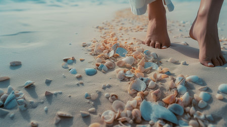 Female feet on sandy beach with colorful pebbles, AI generativeの素材