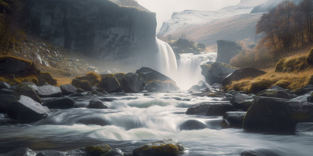 Imaginary waterfall in Scandinavia, AI generative imageの写真素材