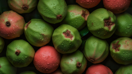 Guava, exotic fruits, flat lay overhead top view, AI generativeの素材
