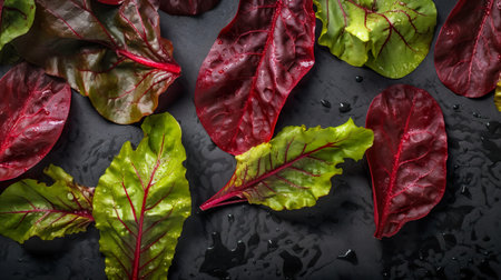 Red beet leaves on black, flat lay, top view, AI generativeの素材