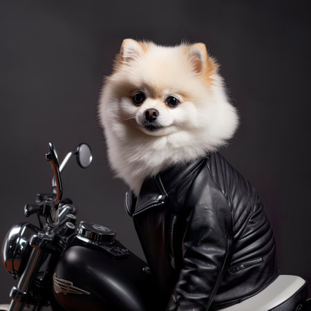 Dog as a biker, shot haired white Pomeranian dog in leather biker jacket with motorbike, AI generative illustrationの素材