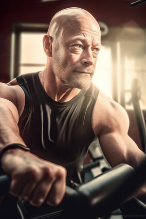 Strong middle aged caucasian man training in gym, sport club, Training session, healthy lifestyle illustration, AI generativeの素材