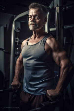 Strong middle aged caucasian man training in gym, sport club, Training session, healthy lifestyle illustration, AI generativeの素材