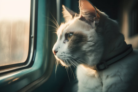 Tired old cat watching out of a window of old train or camper van, AI generative illustrationの素材