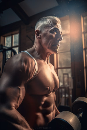 Strong middle aged caucasian man training in gym, sport club, Training session, healthy lifestyle illustration, AI generativeの素材