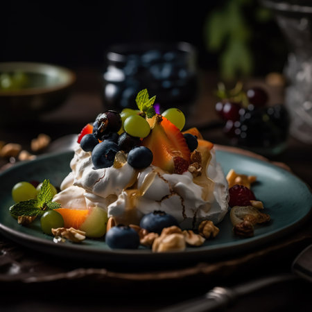 Pavlova dessert with fruits and berries, AI generative foodの素材