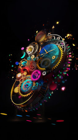 Surreal object with clocks and gears, vibrant cyan, magenta and yellow on black background, AI generativeの素材