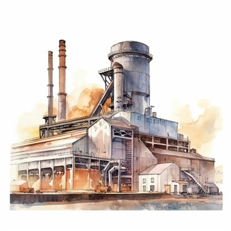 Steel production, large industrial enterprise, light and airy watercolor illustration, AI generative industrial drawingの素材