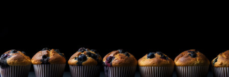 Panoramic banner with row of blueberry muffins on dark background, AI generative panorama, horizontal border design elementの素材