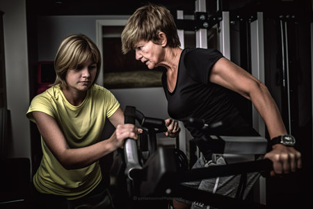 Training session, teenager and his strong middle aged mother training in gym, sport club, AI generativeの素材