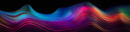 Abstract digital background, waves, liquid foil texture, vibrant colors, AI generative panoramic bannerの素材