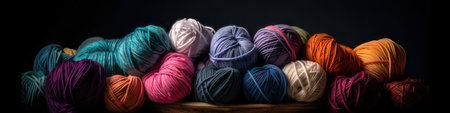 Panoramic banner with yarn balls, pastel colors, multicolor, close-up, AI generative horizontal border design elementの素材