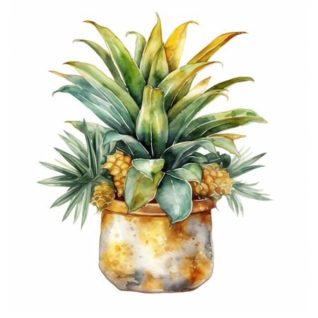 Decorative pineapple house plant in cute pot, clip art on white background, Generative AI Illustrationの素材
