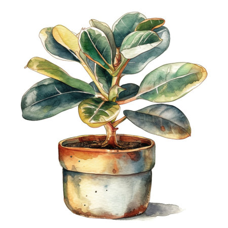 Rubber plant, house plant in cute pot, clip art on white background, Generative AI Illustrationの素材