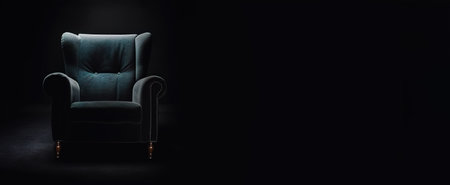 Single cyan and brown armchair on black background, AI generative panoramic banner with plenty of copy-spaceの素材