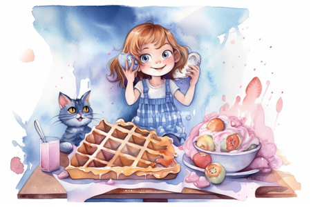 Cute little girl proudly presenting stack of belgian waffles or pancakes to her mama on Mothers Day, greeting card design, AI generative illustrationの素材