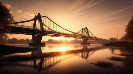 Bridge over water with the sunrise in the background, creating a beautiful silhouette, AI generative warm golden landscapeの素材