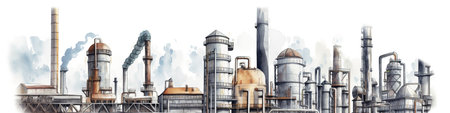 Steel production, imaginary large industrial enterprise, light and airy watercolor illustration, AI generative industrial drawingの素材