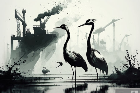 Contaminated habitat with crane birds on a swamp in industrial zone, gloomy day, steel factory and smoking chimneys behind, AI Generativeの素材