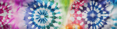 Tie dye, ethnic batik, circle, flower design, multicolor rainbow gradient, panoramic banner...