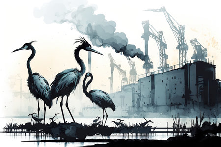 Contaminated habitat with crane birds on a swamp in industrial zone, gloomy day, steel factory and smoking chimneys behind, AI Generativeの素材