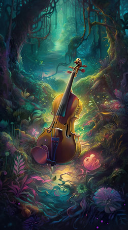 Magic violin, fiddle in enchanted forest, fantasy multicolor illustration with mysterious lights and shapes, AI generativeの素材