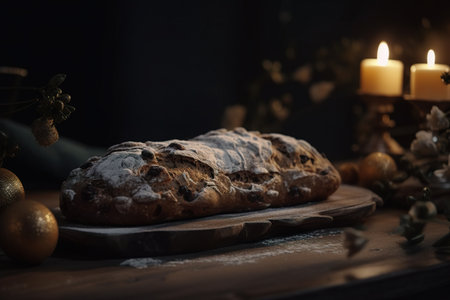 Christmas Stollen, home made traditional German Xmas dessert with candles, AI generative festive foodの素材