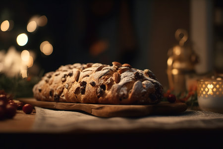 Christmas Stollen, home made traditional German Xmas dessert with candles, AI generative festive foodの素材