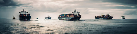 Panoramic banner with industrial cargo container ships in calm sea, AI generative freight transportation horizontal borderの素材