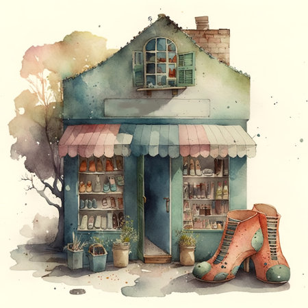 Cute shoe repair shop. AI generative watercolor illustration, suitable for postcards, stickers.の素材