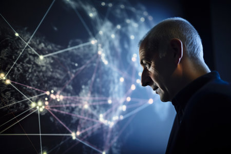 Middle-aged man, engineer, IT developer in front of complex glowing network. Big data, logistics, technology presentation concept, AI generativeの素材