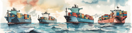 Panoramic banner with watercolor industrial cargo container ships in calm sea, AI generative freight transportation horizontal borderの素材