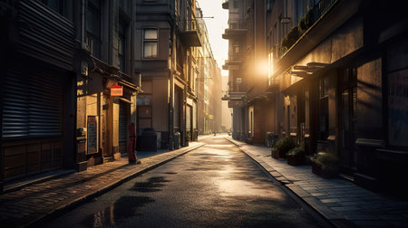 A city street or alleyway with the first light of dawn illuminating the buildings, AI generativeの素材