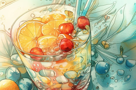 Watercolor illustration of tasty cold drink with orange fruit slices and red berries, AI generativeの素材